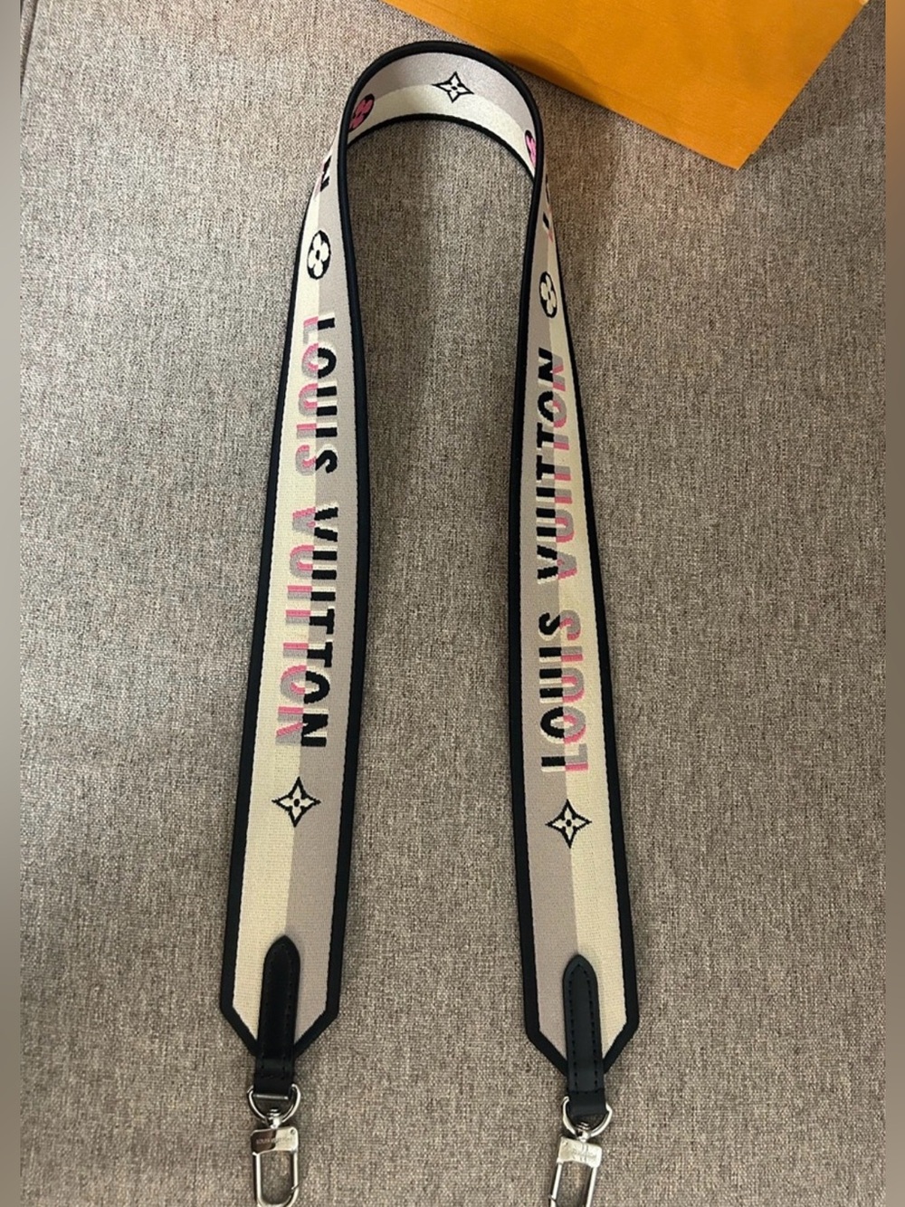 Louis Vuitton Beige and Black Logo Canvas Shoulder Strap with Pink Accents